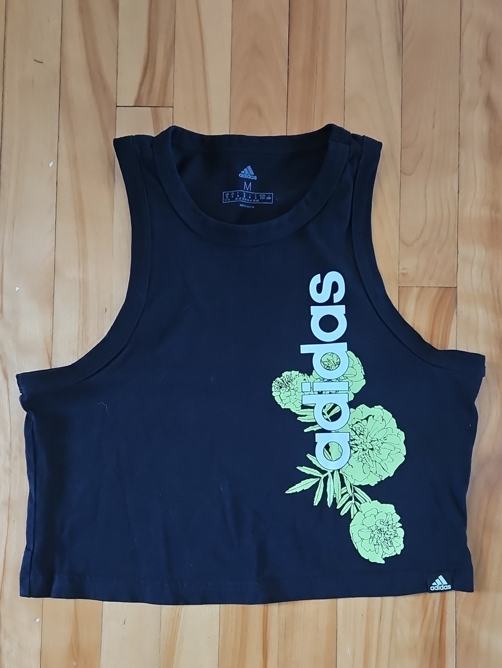 adidas Black Crop Tank with Neon Green Floral Logo